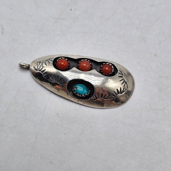 Vintage Navajo Clarence B. Tom? Sterling Silver Pendant Coral Turquoise Stones - Picture 2 of 6